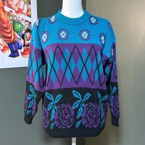 Cabin Creek Teal and Purple Floral Argyle Knit Sweater - M